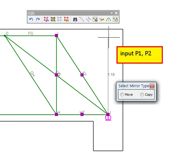 Mirror command in the Edit toolbar: a green strut-tie model selected with a note to input P1, P2 and a Select Mirror Type dialog offering Move or Copy.