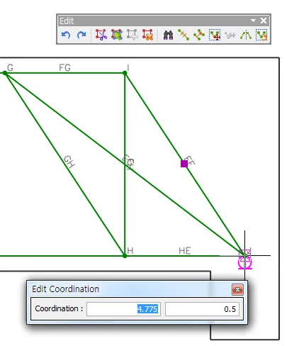 Strut-and-tie model with nodes G, I, H and members FG, GH, HE selected in the drawing, with the Edit toolbar above and an Edit Coordination dialog showing Coordination values 4.775 and 0.5.