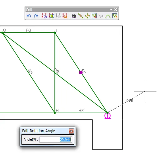 Green strut-tie truss with members labeled FG, GH and HE being rotated about node J, with the Edit toolbar above and the "Edit Rotation Angle" dialog showing an Angle(\u00b0) field.