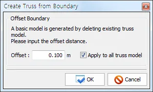 "Create Truss from Boundary" dialog with an Offset Boundary section, Offset field set to 0.100 m, an "Apply to all truss model" checkbox, and OK and Cancel buttons.