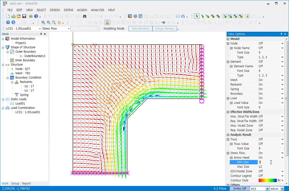 AStrutTie Stress Flow result of an L-shaped corbel model showing principal stress trajectory arrows, with the View Options panel where Stress Flow is On and Arrow Head Min Size is being edited.