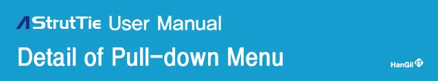 Blue banner header reading "AStrutTie User Manual" with the section title "Detail of Pull-down Menu" and the HanGil logo