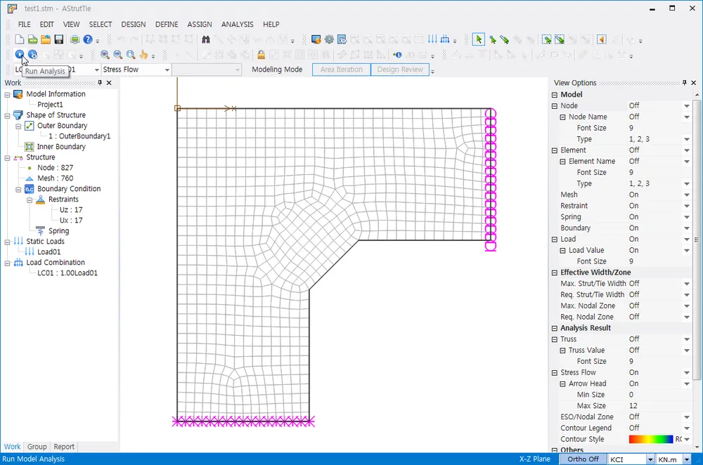 AStrutTie main window with the Run Analysis tooltip on the toolbar, a meshed L-shaped corbel model with supports and loads, model tree (Node 827, Mesh 760), and View Options panel showing Stress Flow On.