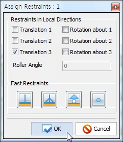 Assign Restraints dialog with Translation 1-3 and Rotation about 1-3 checkboxes, Translation 3 checked, Roller Angle field and Fast Restraints icons.
