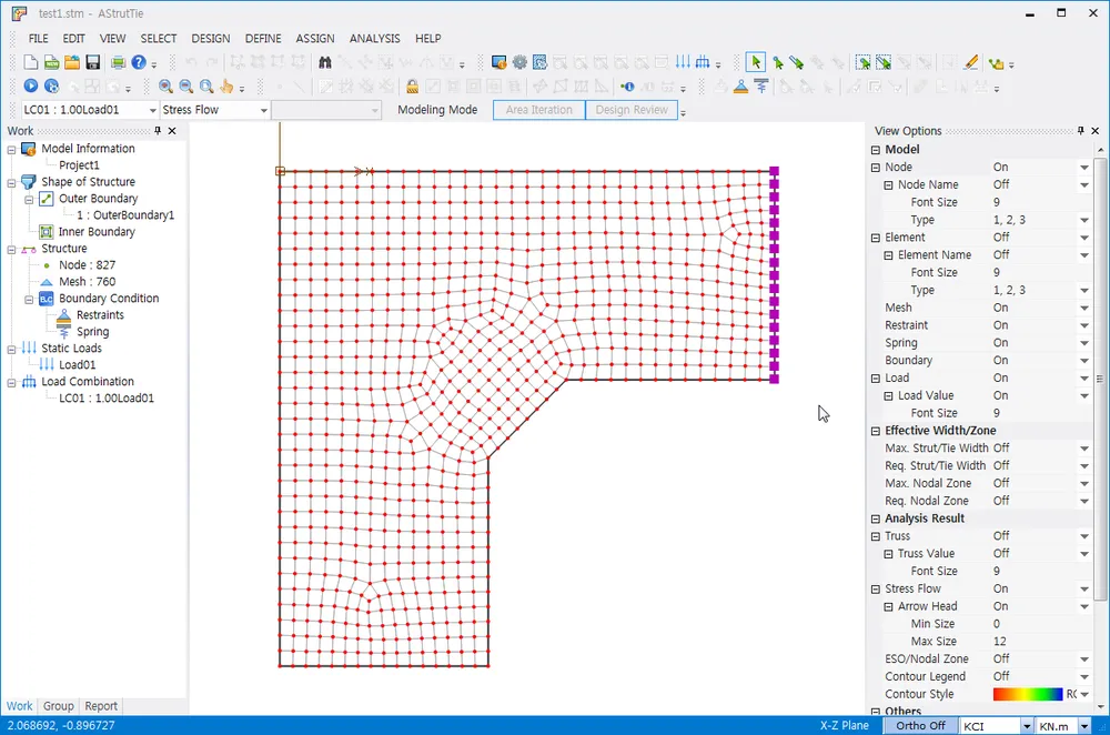 AStrutTie main window showing a meshed L-shaped corbel model with restraints applied along the right edge, the Work tree listing Node: 827 and Mesh: 760, and the View Options panel with Stress Flow On.