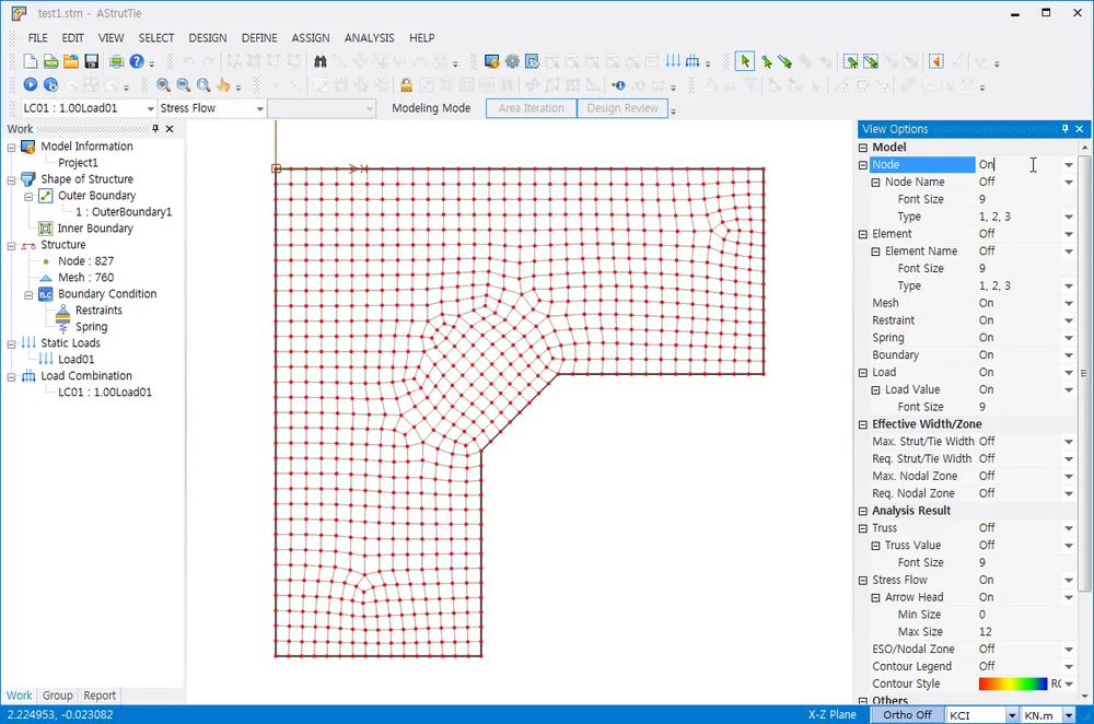 AStrutTie modeling window showing a meshed L-shaped model with nodes displayed, and the View Options panel with Node set to On under Model.