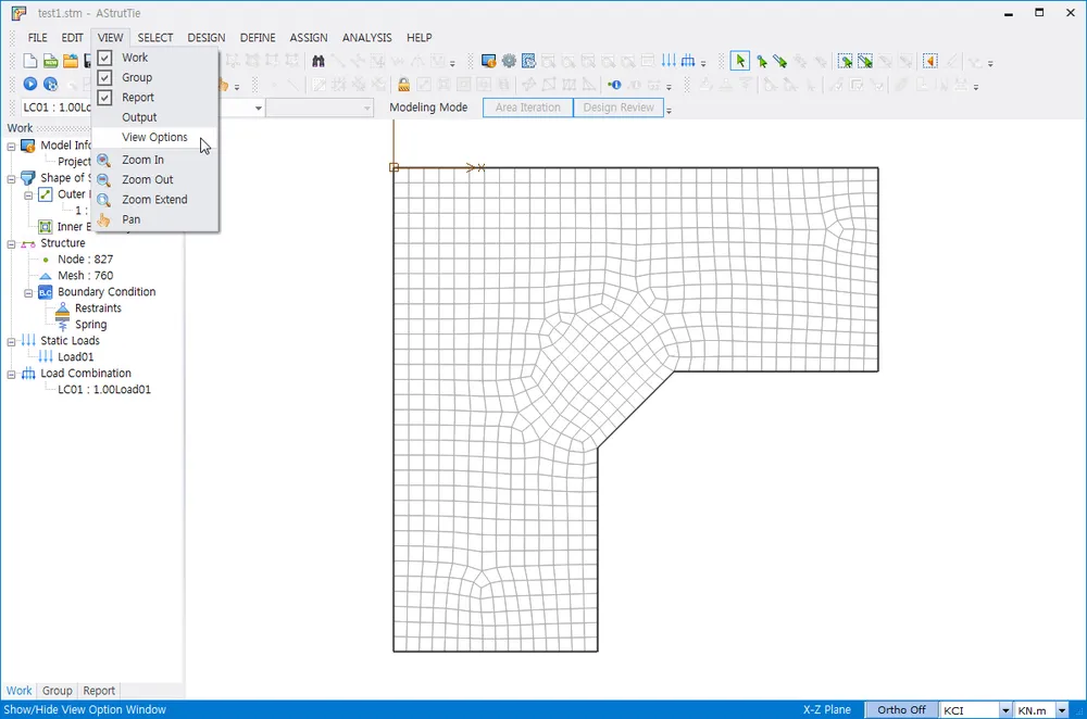 AStrutTie VIEW menu opened with Work, Group, Report, Output, View Options, Zoom In/Out, Zoom Extend and Pan, over an L-shaped meshed model in Modeling Mode