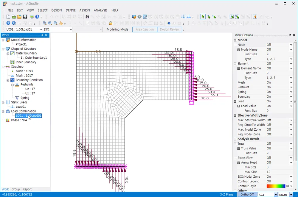 AStrutTie modeling window showing a meshed L-shaped concrete member with distributed loads and restraints, the Work tree listing Load Combination LC01, and the View Options panel with Mesh, Restraint and Load set On.
