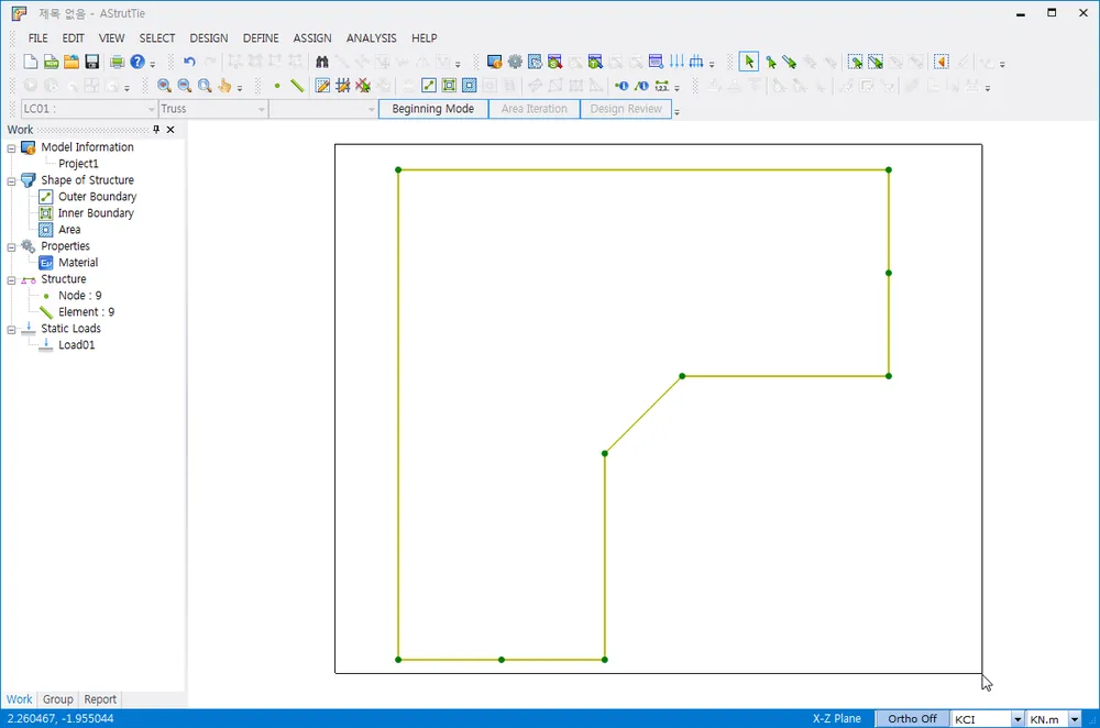 AStrutTie main window showing a closed outer boundary polygon with green nodes in the X-Z plane, and the Work tree listing Outer Boundary, Area, Node: 9, Element: 9 and Load01.