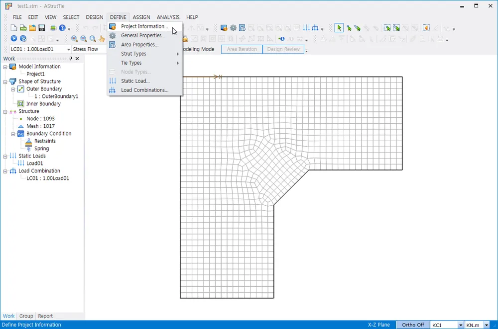 AStrutTie main window with the DEFINE menu open showing Project Information, General Properties, Area Properties, Strut Types, Tie Types, Static Load and Load Combinations, over a meshed L-shaped concrete member.