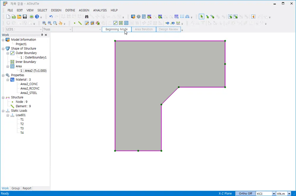 AStrutTie main window with the Work tree (Outer Boundary, Area, Material, Node: 9, Element: 9, Load01 with T1-T4) and an L-shaped concrete member outline in the model view, Beginning Mode button highlighted.