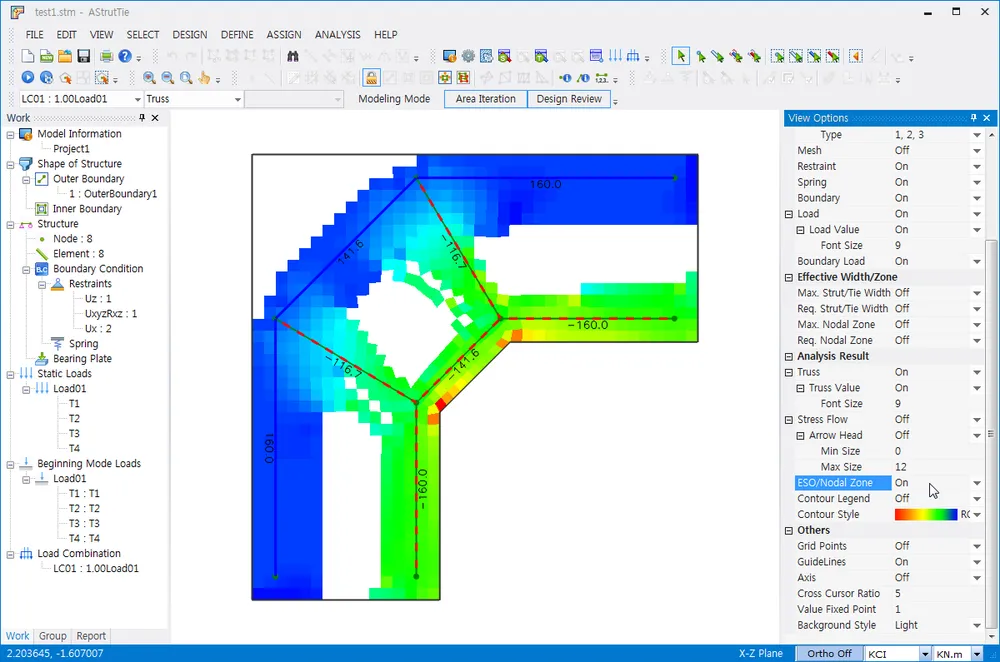 AStrutTie window showing a truss model with strut and tie force values overlaid on a colored ESO optimization contour, with ESO/Nodal Zone set to On in the View Options panel.
