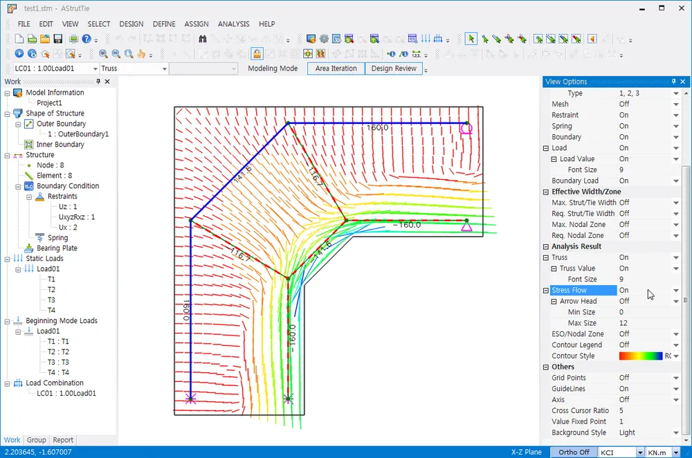 AStrutTie window showing an L-shaped model with the truss model overlaid on colored principal stress flow lines, and the View Options panel at right with Stress Flow set to On.