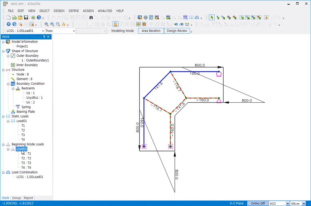 AStrutTie Modeling Mode window with an L-shaped truss model showing element forces, supports and 800.0 dimensions, beside the Work tree of Structure, Restraints and Static Loads.