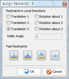 Assign Restraints dialog with checkboxes for Translation 1-3 and Rotation about 1-3, Translation 3 checked, a Roller Angle field set to 0, and four Fast Restraints buttons above OK and Cancel.