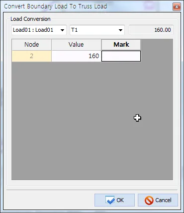 "Convert Boundary Load To Truss Load" dialog with Load Conversion selectors for load case and T1, total 160.00, and a table listing Node, Value and Mark columns.