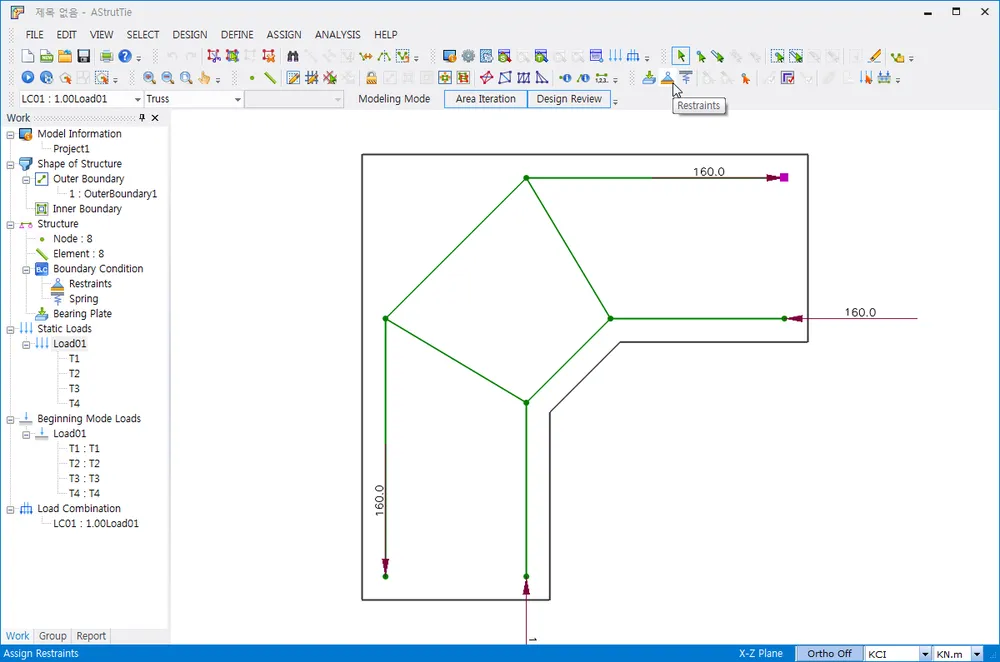 AStrutTie Modeling Mode window with the Restraints toolbar tooltip, showing a truss model in an L-shaped boundary with 160.0 loads and a Work tree listing Boundary Condition and Static Loads.