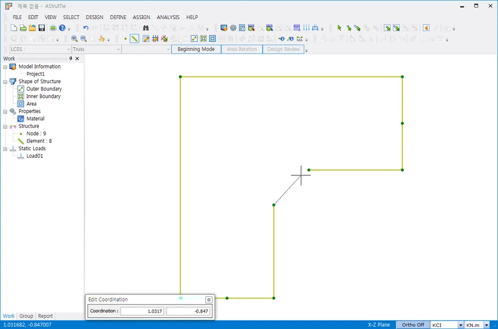 AStrutTie main window drawing an L-shaped outer boundary in the X-Z plane, with the Work tree (Shape of Structure, Properties, Structure) at left and an Edit Coordination input box at the bottom.