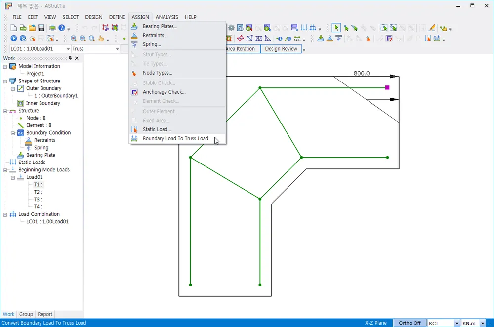 AStrutTie ASSIGN menu opened with 'Boundary Load To Truss Load' highlighted, showing Bearing Plates, Restraints, Spring, Node Types and Static Load items over a green truss model