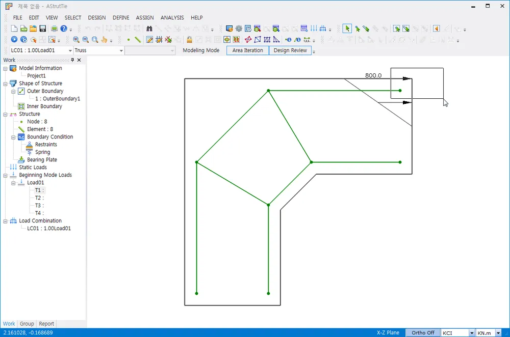 AStrutTie Truss mode showing an L-shaped region with a green 8-node, 8-element truss and converted load arrows at the upper right, beside the Work tree.