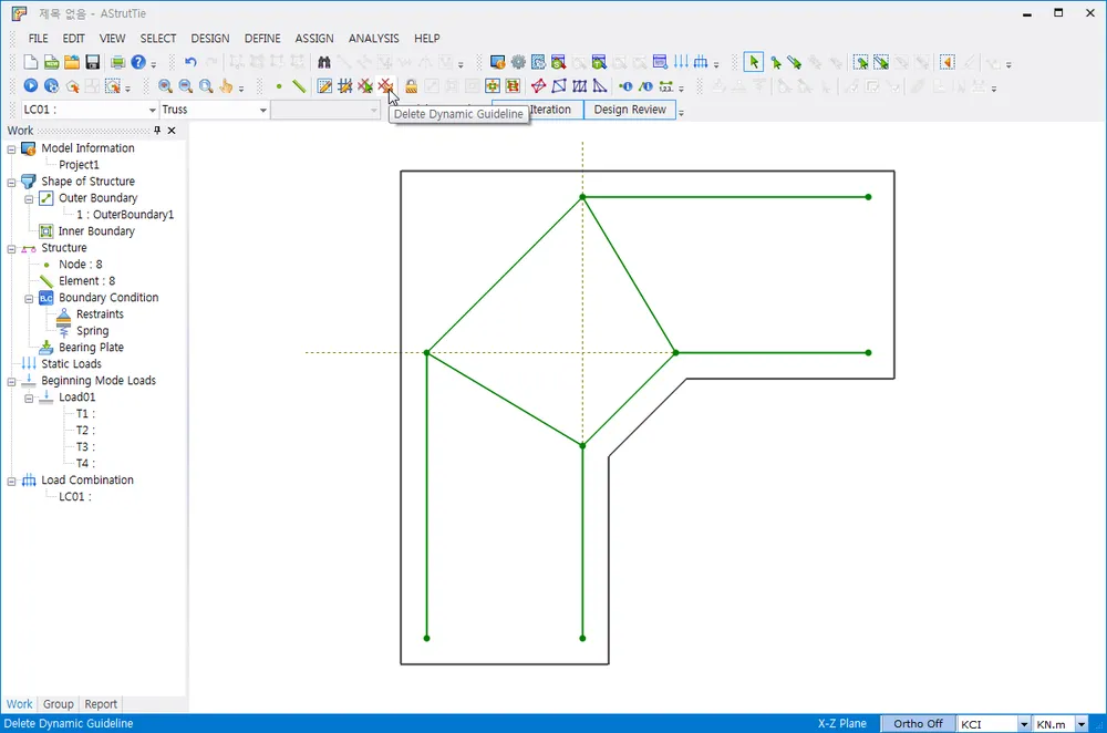 AStrutTie main window with the Work tree showing Node : 8 and Element : 8, a green strut-tie truss drawn on the L-shaped member outline, and the Delete Dynamic Guideline tooltip on the toolbar.