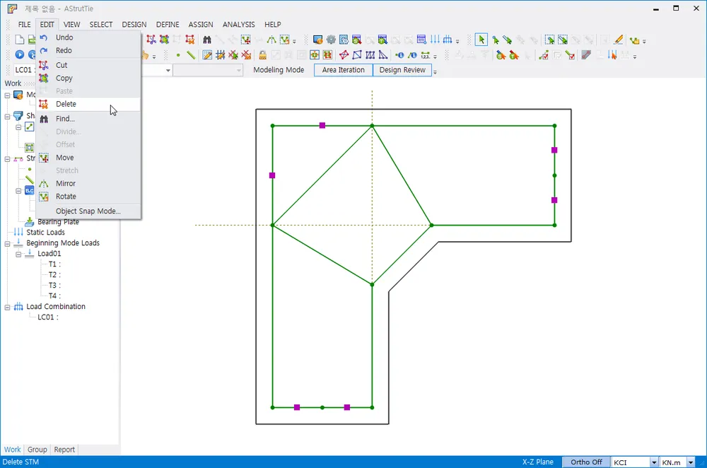 AStrutTie EDIT menu opened with Delete highlighted, over an L-shaped model showing a green strut-and-tie truss with node markers.