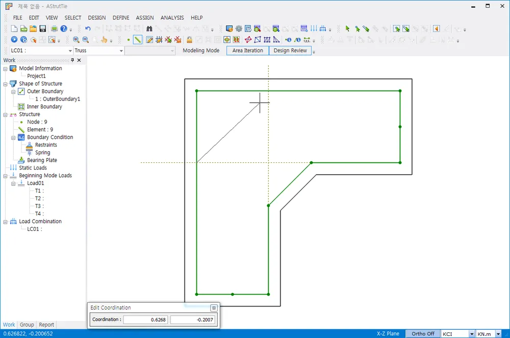 AStrutTie Modeling Mode window with an L-shaped boundary and a green truss model of 9 nodes and 9 elements, work tree at left and Edit Coordination box at bottom.