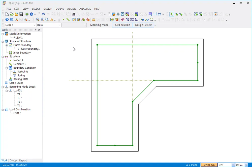 AStrutTie modeling window showing an L-shaped outer boundary in black with green truss boundary elements and nodes, orthogonal guide lines, and the Work tree listing Outer Boundary, Node: 9, Element: 9.