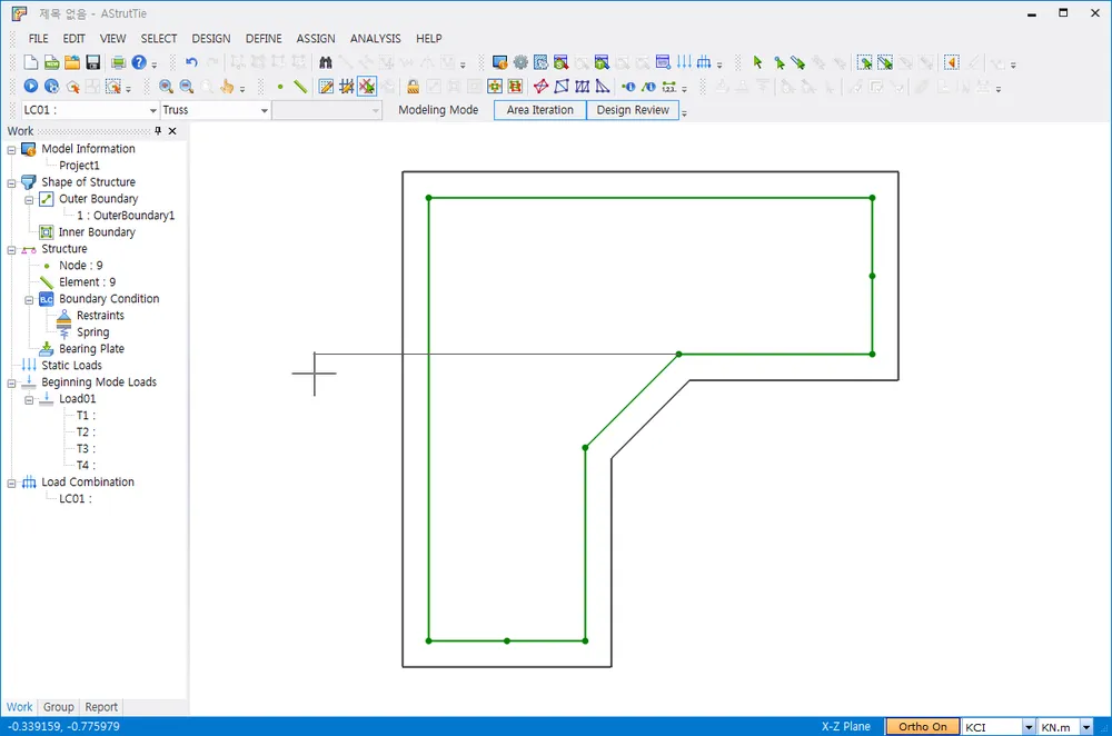 AStrutTie modeling window showing an L-shaped member outline with green outer boundary truss elements and an orthogonal guide line, with the Work tree listing Outer Boundary, Node : 9 and Element : 9.