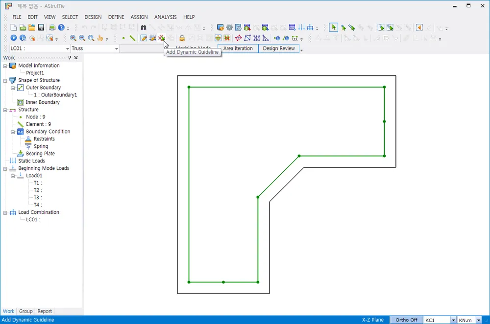 AStrutTie main window with the "Add Dynamic Guideline" toolbar tooltip, the model tree showing Node : 9 and Element : 9, and an L-shaped region with green boundary truss elements in the X-Z plane.