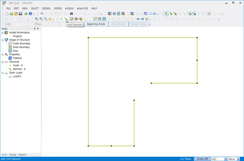 AStrutTie main window with the Add Elements tool tooltip shown and a drawn outer boundary outline of green line elements in the model view, with the Work tree listing Node : 9 and Element : 8.