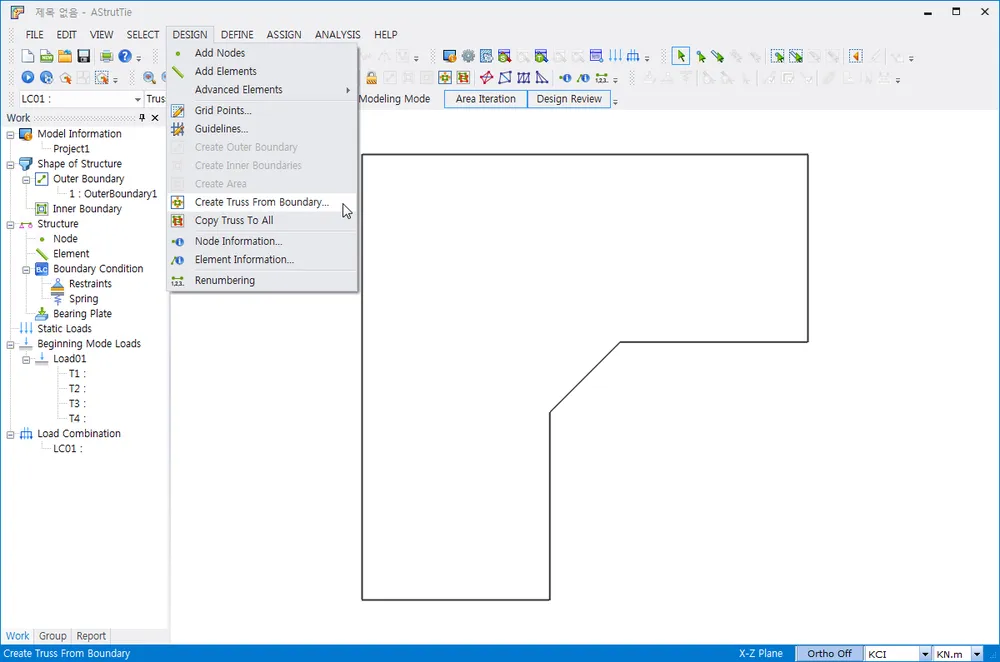 AStrutTie window with the DESIGN menu open, showing Add Nodes, Add Elements, Grid Points, Guidelines and the highlighted Create Truss From Boundary command over an L-shaped member outline.