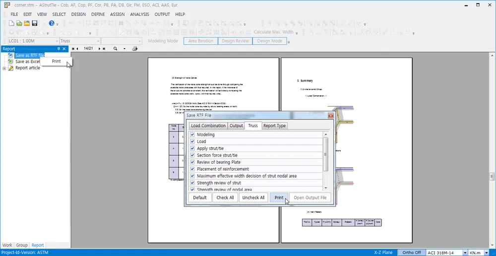 Save RTF File dialog on the Truss tab with checked items Modeling, Load, Apply strut/tie, plus Default, Check All, Uncheck All and Print buttons.
