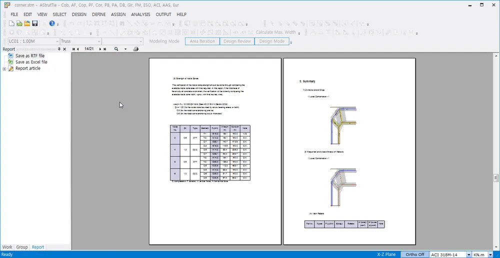AStrutTie report preview with two pages showing a nodal zone strength table and summary strut-tie diagrams, beside the Report tab listing Save as RTF file and Save as Excel file.