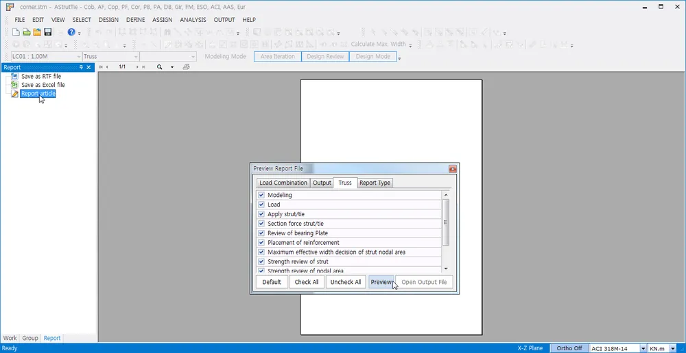 Preview Report File dialog, Truss tab with checked items Modeling, Load, Apply strut/tie, Section force strut/tie, and Preview button.