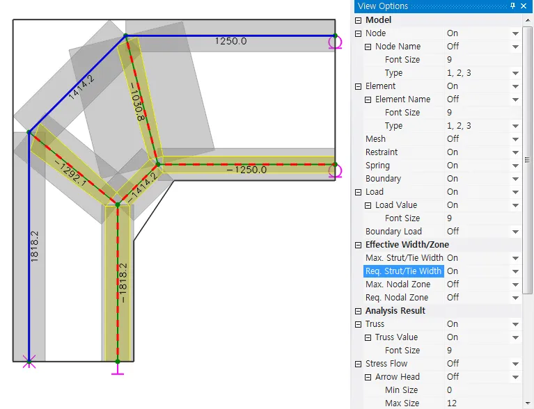 Strut-and-tie model with member forces and required strut/tie widths displayed alongside the View Options panel, where Req. Strut/Tie Width is set On under Effective Width/Zone.