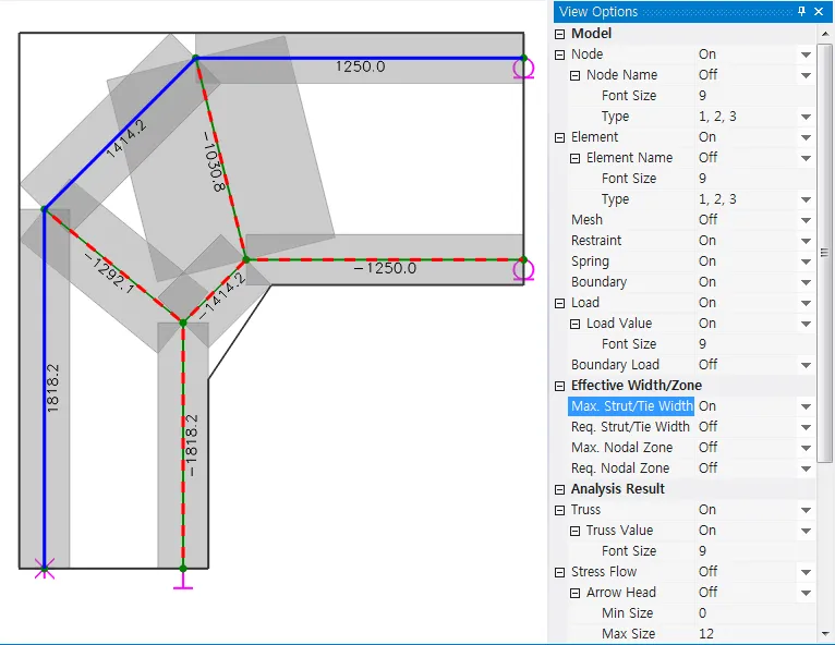 Strut-and-tie model with grey maximum strut/tie widths and member forces beside the View Options window with Max. Strut/Tie Width set to On.