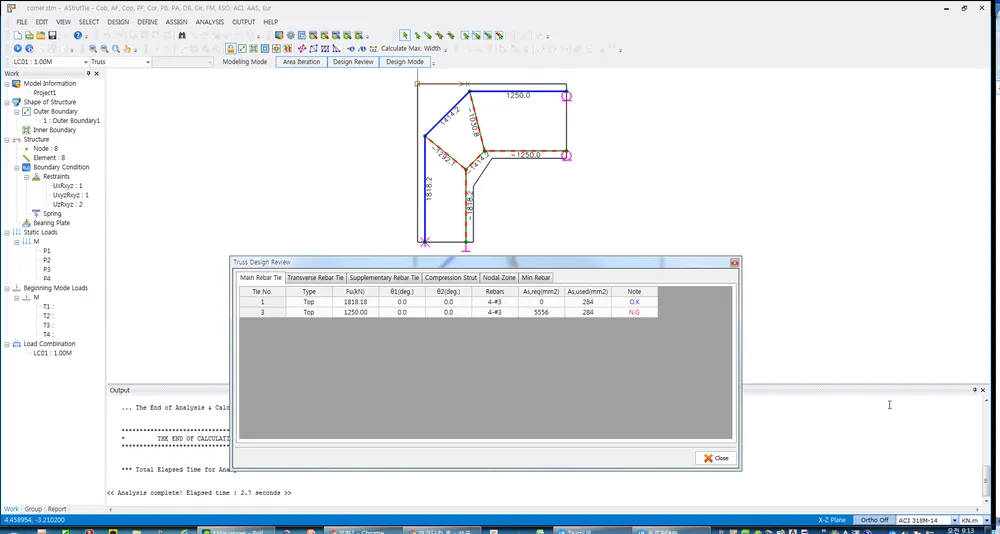 Truss Design Review dialog on the Main Rebar Tie tab listing Tie No., Type, Fu(kN), \u03b81, \u03b82, Rebars, As,req and As,used with O.K and N.G notes, over the corner strut-and-tie model view.