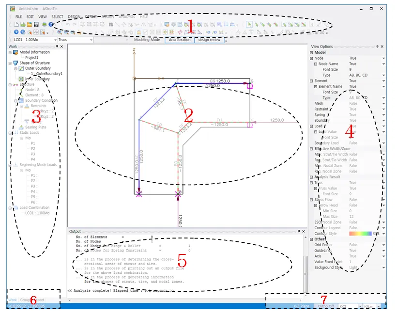 AStrutTie main window with seven numbered areas circled: menu and toolbar (1), model view with strut-tie truss (2), Work tree (3), View Options panel (4), Output window (5), tab bar (6), and status bar (7).