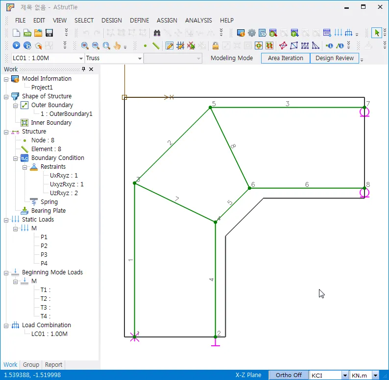 AStrutTie window with an L-shaped member outline and generated 8-node truss model, plus the Work tree showing Shape of Structure, Structure, Static Loads and Load Combination.