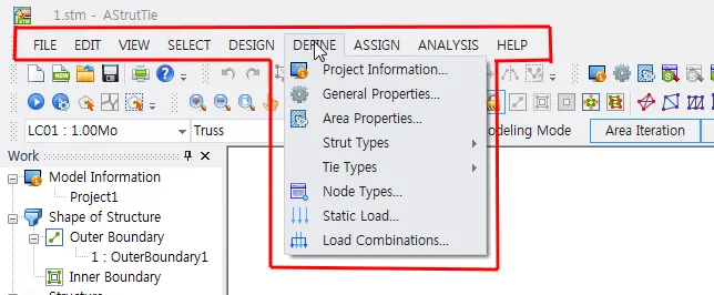 AStrutTie menu bar with the DEFINE menu open, listing Project Information, General Properties, Area Properties, Strut Types, Tie Types, Node Types, Static Load, and Load Combinations.