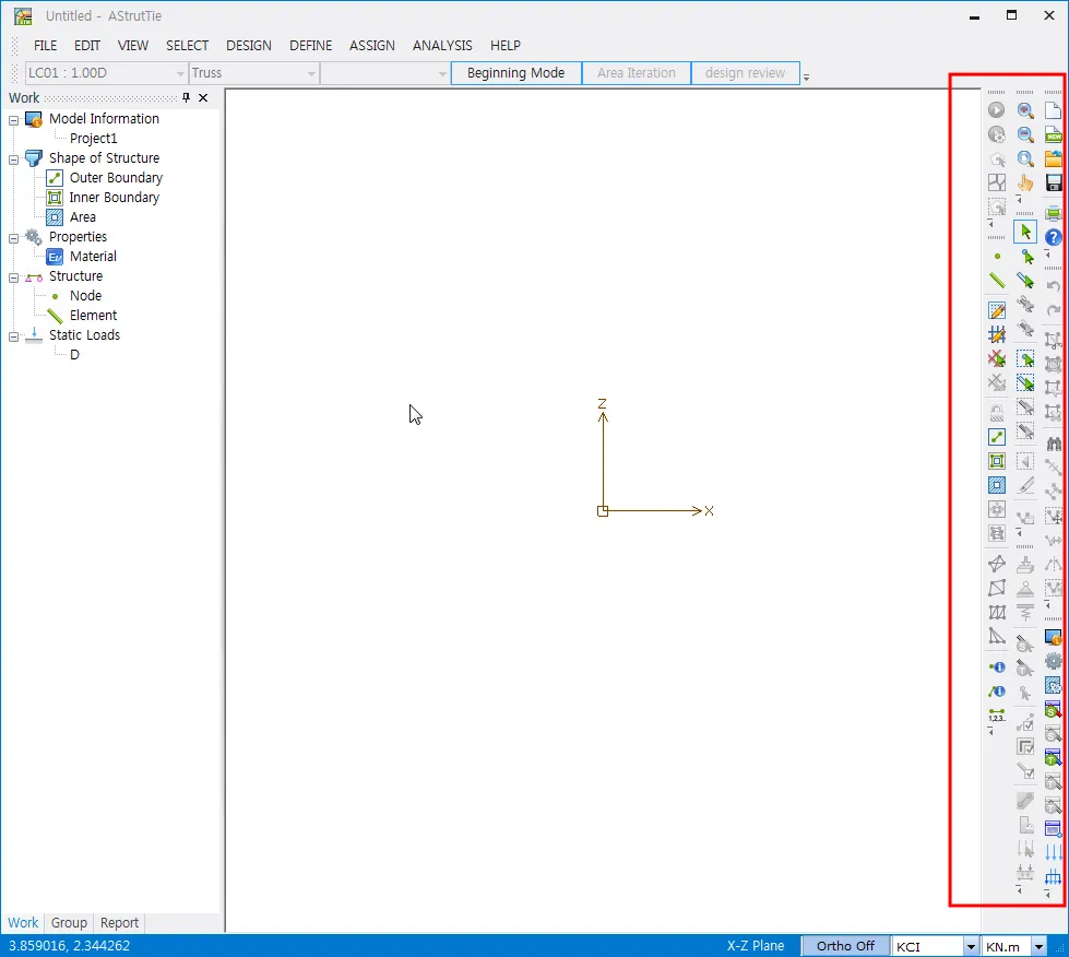 AStrutTie main window with the right-hand shortcut toolbar highlighted in red, beside the Work tree (Model Information, Shape of Structure, Properties, Structure, Static Loads) and the empty X-Z Plane view.