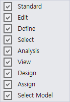 Right-click toolbar list with checked entries: Standard, Edit, Define, Select, Analysis, View, Design, Assign, Select Model.