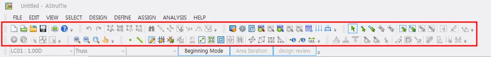 AStrutTie window with the menu bar and icon toolbars outlined in red, above the load case, Truss selector, and Beginning Mode tabs.
