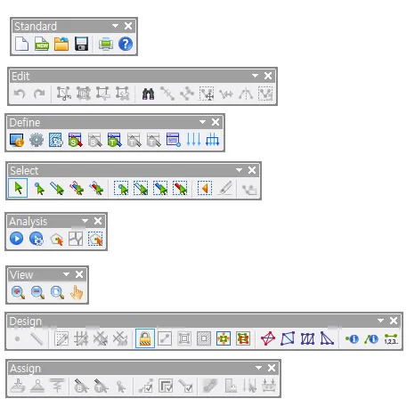 The program's floating toolbars stacked vertically: Standard, Edit, Define, Select, Analysis, View, Design, and Assign, each with its own row of icon buttons.