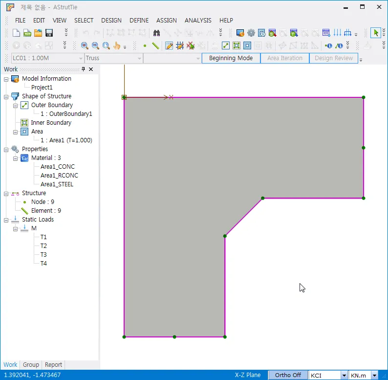 AStrutTie main window showing the Work tree (Shape of Structure, Outer Boundary, Area1 T=1.000, Material, Node 9, Element 9, Static Loads) beside an L-shaped concrete member drawn in the X-Z plane in Beginning Mode.