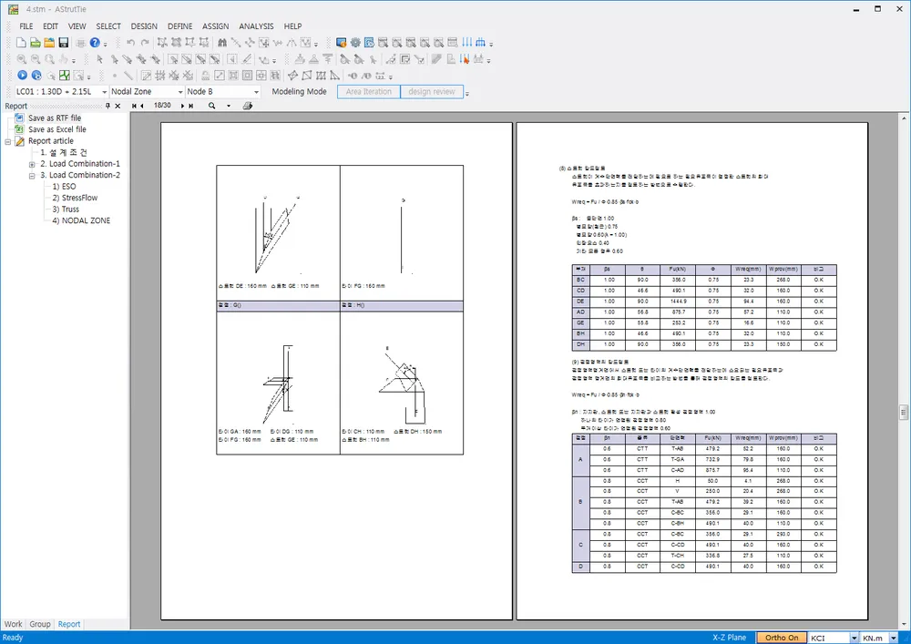 Report tab with two-page preview: strut-tie sketches at left, node strength tables (Fu, Wreq, Wprov, O.K) at right, and a tree listing ESO, StressFlow, Truss, NODAL ZONE.