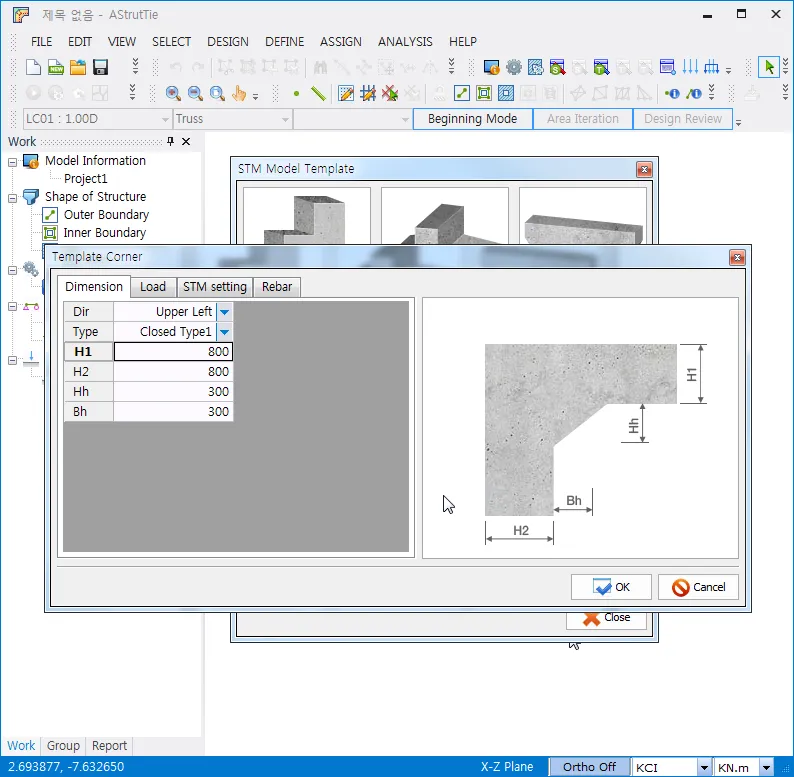 AStrutTie's Template Corner dialog on the Dimension tab, with Dir set to Upper Left, Type Closed Type1, and H1, H2, Hh, Bh inputs beside a labeled corner section diagram.
