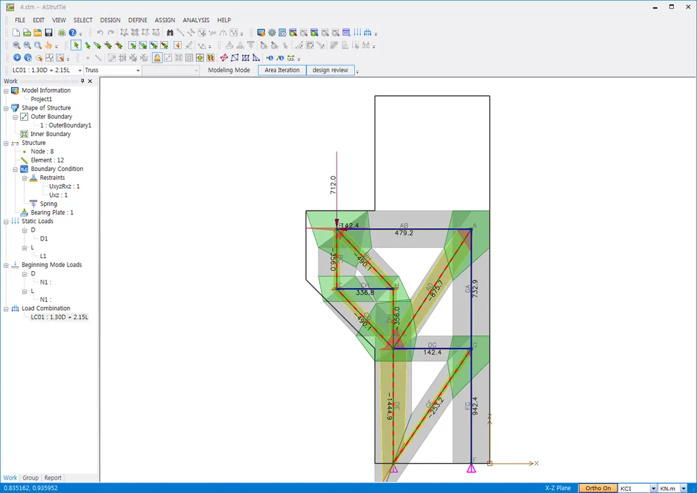 AStrutTie Truss modeling view showing green strut zones, blue tie members with force labels, and the Work tree listing Nodes, Elements, Boundary Conditions and Static Loads.