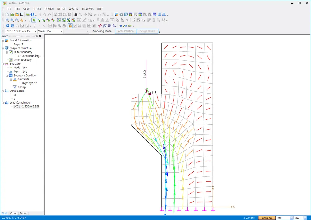 AStrutTie window in Modeling Mode with "Stress Flow" selected, showing colored principal stress vectors on the meshed corbel model and the work tree with Node, Mesh and Restraints.